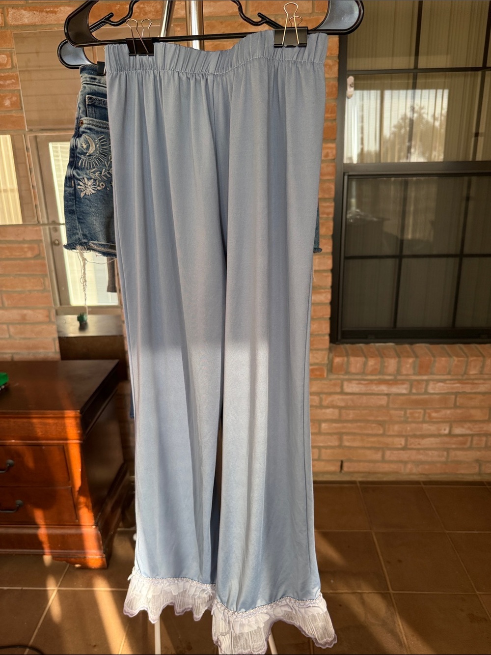 Light Blue Wide Leg Lounge Pants with Lace Trim